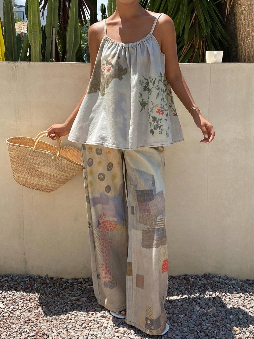 Light Wash Boho Women's Floral Print Camisole Denim Top And Jeans Set
